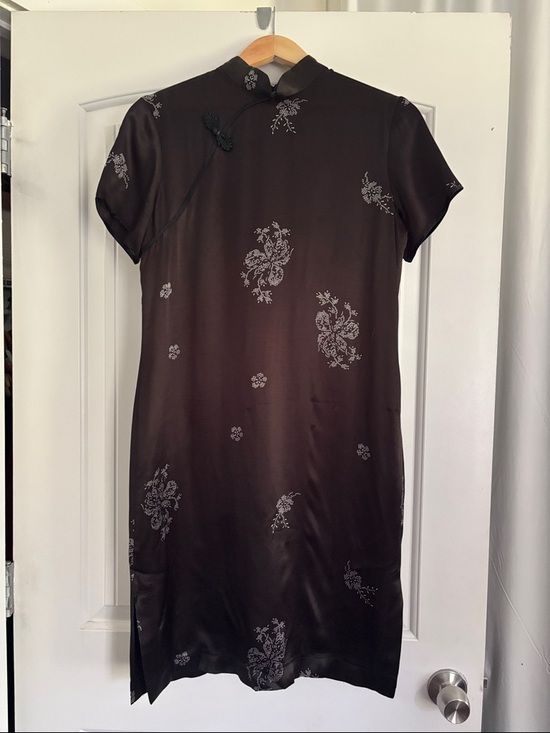 Celine Dresses & Skirts - Celine Black Satin Cheongsam Midi Dress with Silver Floral Motifs